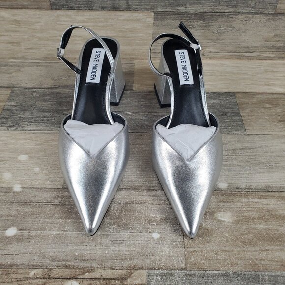 Steve Madden Courtnie Womens Pumps Sz 7 M Block Heel Silver Leather Slingback - Picture 3 of 12